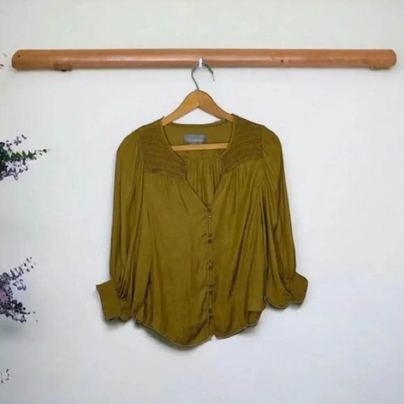 by Anthropologie Cacee Jacquard Reptile Print V Neck Button Down Blouse - Picture 3 of 13